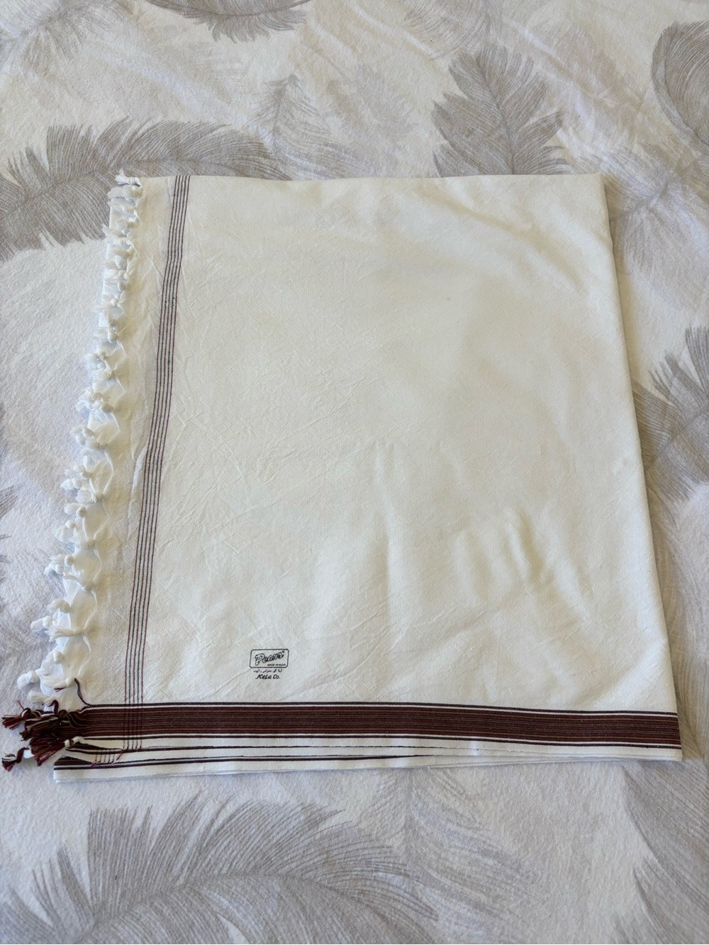 Vintage PEARS White Tassel turkish towel tablecloth table runner Brown Stripes